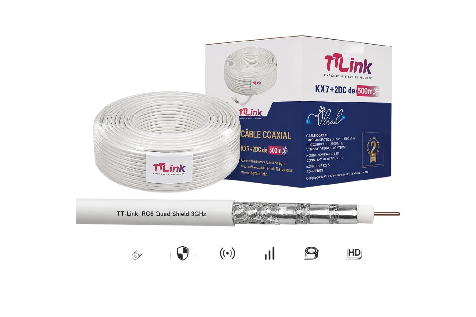 TT-Link Câble Coaxial 500 m RG6 Quad-Shield, Fil Cuivre,3 GHz, Faible Perte — TT-Link Câblage