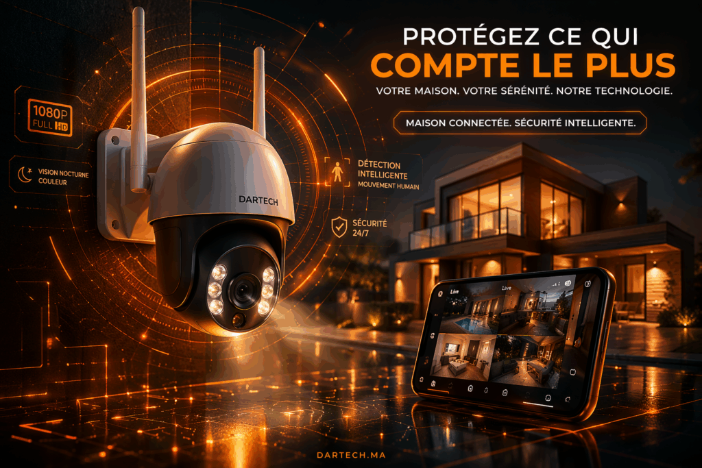 Caméra WiFi de surveillance Dartech avec maison connectée en arrière-plan et contrôle de sécurité sur smartphone