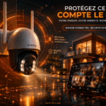 Caméra WiFi de surveillance Dartech avec maison connectée en arrière-plan et contrôle de sécurité sur smartphone