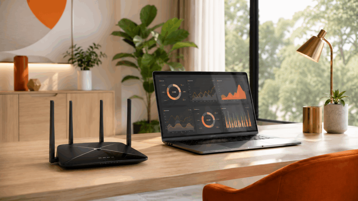 Espace de bureau à domicile moderne avec ordinateur portable et routeur Wi-Fi puissant TP-Link Archer pour éviter les coupures en télétravail.