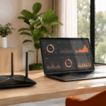 Espace de bureau à domicile moderne avec ordinateur portable et routeur Wi-Fi puissant TP-Link Archer pour éviter les coupures en télétravail.